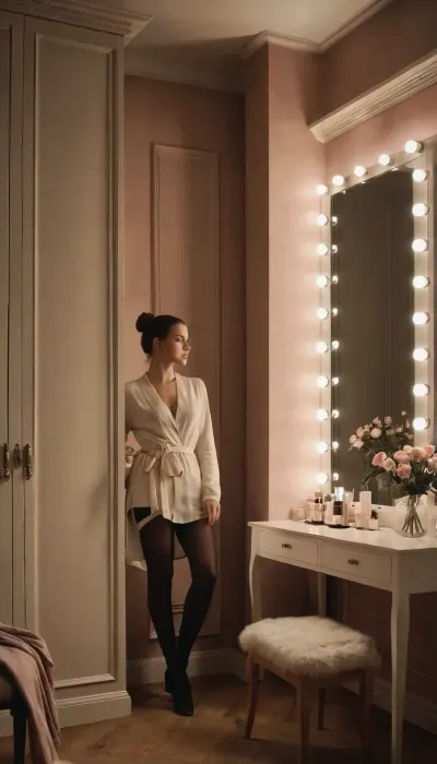 A bright and spacious dressing room with an elegant classical interior design, featuring high ceilings and large white-paneled doors with intricate moldings. The walls are painted in a soft off-white tone, creating a clean and professional atmosphere. A wide, well-lit makeup mirror dominates one side of the room, surrounded by a row of bright vanity lights that cast a warm and natural glow across the space. The lighting is soft but well-defined, emphasizing the textures and details of the room without creating harsh shadows.

The floor is made of light wood, polished and slightly reflective, adding a subtle warmth to the environment. On the floor, there are scattered pieces of clothing and a small piece of white fabric or tissue, casually lying near the center of the room. A black, modern-style chair with a curved backrest is positioned in front of the vanity table. The table itself is cluttered with various items, makeup tools, brushes, small boxes, folded clothes, and other personal accessories. To the right of the table, a water bottle and a pink fabric item are visible, adding a casual and lived-in touch to the scene.

On the left-hand side, a tall standing coat rack holds a few dark garments, hanging loosely and adding contrast to the otherwise light and airy space. The background features a large mirror, reflecting parts of the room and adding depth to the composition. The mirror captures subtle details of the environment, including more scattered items and clothing lying on a chair.

In the center of the composition, there is a half naked dressing up 18 years old woman standing in a relaxed and candid pose. She appears to be in the process of dressing or adjusting her clothing. Her hair is tied up in a loose, casual bun, with a few strands softly framing her face. She is wearing semi-transparent black tights and light-colored undergarments. Her posture is natural, slightly leaning forward as she adjusts her outfit, with one leg slightly bent. Her expression is calm and focused, contributing to the overall realism of the scene.

The camera angle is positioned at eye level, capturing the scene in a way that feels immersive and personal, as though the viewer is present in the room. The overall mood of the image is casual yet professional, with a focus on subtle details and realistic lighting. The textures of the materials, such as the soft fabrics of the clothes, the smooth wooden floor, and the reflective surfaces of the mirror and vanity lights, are rendered with high clarity and precision. The scene should convey a balance between elegance and authenticity, emphasizing the natural interaction of light, materials, and human presence in the room