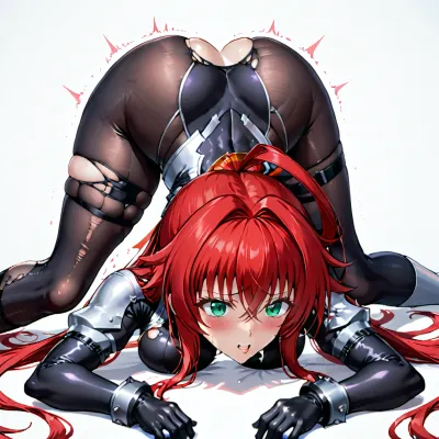 Rias Gremory from high school dxd, body trembling, white background, torn bodysuit, face down, ass up