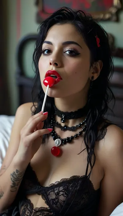 Thick Latina Goth lesbian nude in bed, licking a lollipop, <lora:MJ52:.8>