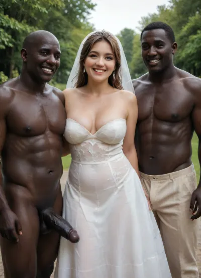 interfacial, long and thick black penis, A sensual wedding photo of a, at dark night in wedding ceremony, ((smiling Iranian chubby bride and groom dressed in traditional and modern wedding attire)), standing next to their, (((muscular brutal black skin bull man))), All three are posing happily together outdoors in a sunny garden setting, with soft natural lighting and a warm, festive atmosphere. The Iranian bride is wearing a slutty cutout white dress with subtle Persian embroidery, the groom in a formal suit, and their Korean friend is dressed stylishly in semi-formal attire. Everyone is laughing and enjoying the moment., photo, portrait, <lora:real-humans-PublicPrompts:.8>, diaphanous, dress, <lora:xl_diaphanous_dress-1.0:.8>, detailed, eyes, perfect, freckles, skin, texture, photorealistic, <lora:Super_Eye_Detailer_By_Stable_Yogi_SDPD0:.8>