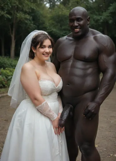 interfacial, long and thick black penis, A sensual wedding photo of a, at dark night in wedding ceremony, ((smiling Iranian chubby bride and groom dressed in traditional and modern wedding attire)), standing next to their, (((muscular brutal black skin bull man))), All three are posing happily together outdoors in a sunny garden setting, with soft natural lighting and a warm, festive atmosphere. The Iranian bride is wearing a slutty cutout white dress with subtle Persian embroidery, the groom in a formal suit, and their Korean friend is dressed stylishly in semi-formal attire. Everyone is laughing and enjoying the moment., photo, portrait, <lora:real-humans-PublicPrompts:.8>, <lora:RsmJemma1XL:.8>