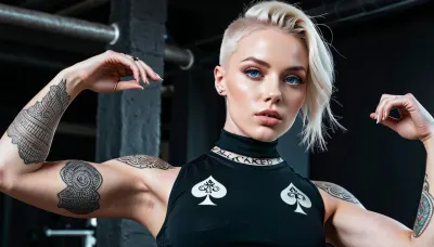 Girl, very young, blue eyes, very pale white german girl, fitness instagram model, ((muscular)), (((blacked clothing))), ((queen of spades tattoo)), armpits, leggings, thick eyebrows, sleeveless turtleneck crop top, blacked, <lora:BLACKED_girls:.5>