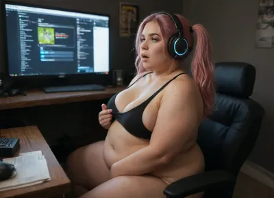 side view, view is from the side, 1 girl, very chubby woman, (bbw, fat:1.5), very bright hot pink hair, pigtails hair, busty, wearing a gaming headset, wearing black sports bra, (one breast exposed, holding one breast, sitting at a computer desk, ((intently watching computer monitor))), mouth open, (insanely detailed video screen showing female masturbation), background is a dark room, only light source is monitor screen