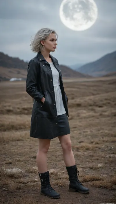 very beautiful girl, white hair, fair-skinned, gentle, lady, in black vintage leather breeches and jacket, leather ankle boots, landscape is blurred, wind blows her hair, moon is shining, night, art, fantasy drawing