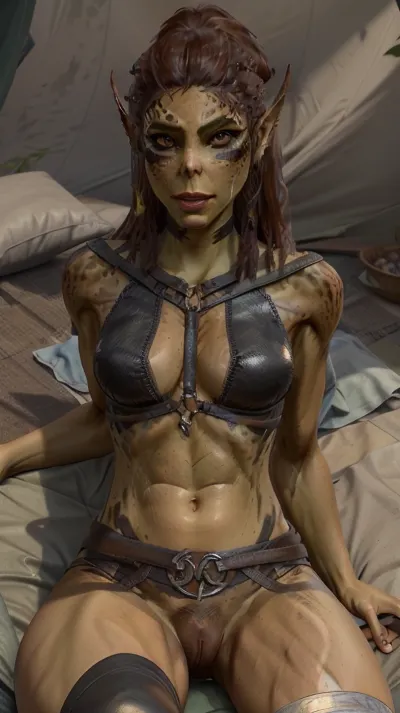 (vaginal sex:1.4), woman, Lae-zel, brown hair, long ponytail, (green skin), (colored skin), lying, on a bed, in a tent, candle lights, front view, seductive, sultry, Ben Bauchau, Michael Garmash, Daniel F Gerhartz, Clint Cearley, Carne Griffiths, Jean Baptiste Monge, strybk style, matte background, volumetric lighting, pulp adventure style, fluid acrylic, dynamic gradients, illustration, highly detailed, simple, smooth and clean vector curves, vector art, smooth, johan grenier, character design, 3d shadowing, fanbox, cinematic, ornate motifs, hyperrealism, posterized, masterpiece collection, bright lush colors, TXAA, penumbra, alcohol paint, wet gouache, black thighhighs, black thong, black bra, <lora:Lae-zel:1>