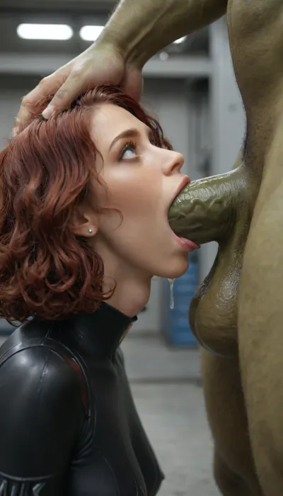Beautiful petite Black widow from avengers is fucked by a gigantic monster, incredible hulk, deep throat fuck, deepthroat, mouth wide open, small innocent face, leather bodysuit, short curly red hair, fear, terror, scared look on her face, gigantic hulk penis, ultra high definition, in a futuristic warehouse, tongue out, rubbing his nuts, the hulk is gigantic compared to her, side view, realistic, shiny oily skin, the hulk is standing over her, eyes rolled back, detailed face, his dick is bigger than her face, lots of thick saliva squirts from her mouth, spit bubbles, super sloppy, lots of thick saliva dripping from his dick and balls