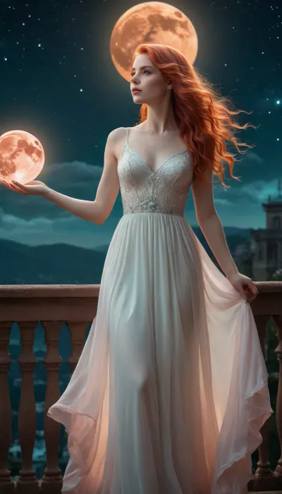 Ethereal beautiful woman with long wavy reddish-pink hair, wearing a flowing semi-transparent sparkling white dress adorned with glowing crystals, standing on a balcony at night, hands on the railing. Giant luminous textured reddish-orange moon dominates the starry night sky with turquoise nebulae. Dark foliage in the foreground. Magical, mystical atmosphere, glowing particles in the air. Fantasy digital art, highly detailed, cinematic lighting, enchanting.