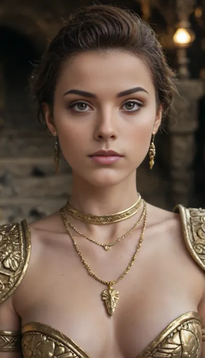 (Round face shape, Receding chin, Almond eye shape, Brown hazel eye color, Brown eye brow color, Round eyebrows, roman nose shape, full lip, Short hairstyle, Black haircolor, Fair skin tone, Asymmetrical facial structure), (in a mystical cave in the Amazon:1.3), (Amazon warrior:1.3), (wearing warrior amor:1.3), (gold necklace:1.1), (gold earrings:1.1), (gold bracelet:1.1), (gold asseours:1.3), the breast is naked, the vagina is naked, (full body view:1.7)