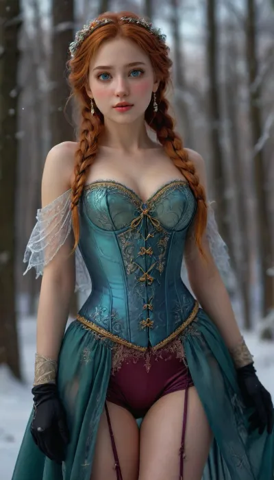 (masterpiece, best quality, highres, photorealistic), 18-year-old girl inspired by Anna from Frozen, sexy fantasy reimagining, petite and fit figure with soft pale skin, short tight-waisted corset in royal navy and gold embroidery barely covering her full perky breasts, erect nipples visible through the thin fabric, revealing deep cleavage framed by the corset lines, wearing a sheer teal skirt split open to both sides, exposing her smooth bare legs and crotch, shaved and glistening pussy visible beneath the flowing translucent fabric, pink labia subtly outlined, tight and neat anus centered and clean, loose dark rose-red cape draped behind her shoulders, small snowflakes glistening on the fabric, thin black gloves pushed halfway down her arms, her soft red-auburn hair tied in two playful braids falling over her chest, loose strands framing her youthful, flushed face, glowing green eyes wide and expressive, long lashes, glossy pink parted lips, gently blushing cheeks, seductive smile, standing with one foot slightly forward in snow-covered forest ruins, her hand lifting the front of her split skirt, head turned slightly toward viewer, background glowing with enchanted blue mist, shimmering frosty trees, and icy crystalline arches catching ambient moonlight, snowflakes caught in her lashes and braids, cold breath softly visible, soft magical lighting, ultra-fine texture on snow, cloth and skin, (ultra-detailed face and eyes:1.2), HDR, realistic anatomy, no distortions, (detailed enchanted snow background:1.3), <lora:PerfectEyesXL:1>, <lora:add-detail-xl:.8>, <lora:detailed_notrigger:.8>