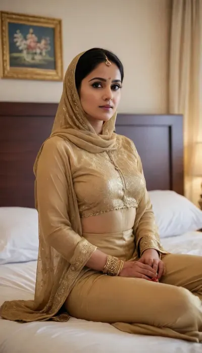 beautiful indian bhabhi wearing a hijab standinginabedroom, Luxury, bedroom, gold, decoration, bed, <lora:TG_Body_XL:.5>, <lora:Pink_Lips:.5>, See, "Trigger, List", <lora:Breast Helper - [Concept] - Version 1.2:.5>