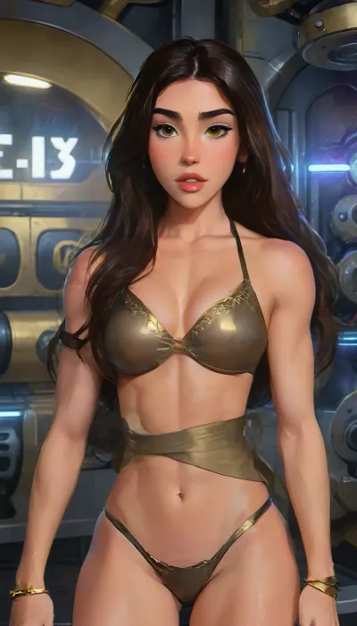 (ultra real), (figure), (High resolution), (8K), (very detailed), (Best figure), (detailed and beautiful eyes), (highest quality), (Super detailed), (masterpiece), (wallpaper), (detailed face), This artwork should be hyper-realistic, capturing every detail with stunning clarity, Imagine a female Madison Beer, platinum blonde hair, very long hair, curly hair, perfect fit body with a slender and toned muscular hourglass physique, The outfit should be suggestive and alluring metal bikini slave_Leia costume outfit, The costumes were distinguished by their top half, a molded bronzium harness worn on the chest that had metal filigree on the cups and was fastened with cords crisscrossed behind the neck and back. The top was accompanied by variable pieces on the lower half, such as a bikini brief with filigree complementing the harness or a lashaa silk skirt with separate panels suspended from a metal belt, narrow waist, wide hips, slender body, tall body, thigh gap, skinny, (oily skin, gleaming skin, tanned skin, sweat:1.2), Consider incorporating elements of her environment, like an inside of a spaceship, deathstar, highlydetailedbody, realisticface, highlydetailedhair, insanelydetailed, 8K.highdetailedskin, highresolution, perfectfingers, (j_cartoon:1.5), Drawing., <lora:Madison_Beer_2024_SDXL_JugX_trigger_m4d1s0n-000066:1>, uberfit, muscular, athletic, <lora:uberfit_lora_sdxl:.8>, <lora:samdoesarts1.1-000030:.4>, <lora:J_cartoon:.3>, <lora:Animated_Concept:.4>