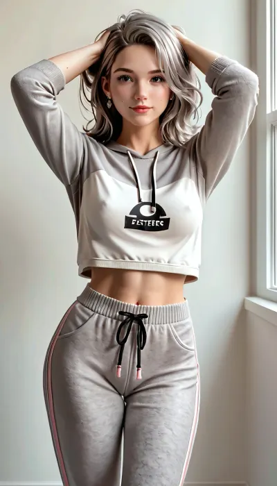 50yo brunette with streaks of gray hair, medium breasts, (gray sweatpants extreme sort on hipsters revealing pubic hair, short gray sweatshirt, up to half a breast), white and pink sneakers, hands in hair above head, standing in kitchenfantasy, intricate, elegant, highly detailed, digital painting, artstation, concept art, smooth, illustration, art by artgerm and greg rutkowski and alphonse mucha, in the style of a WLOP
