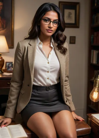 (beautiful Indian woman:1.6), warm brown skin, dark expressive eyes, long straight black hair, round firm breasts, wearing glasses, unbuttoned sheer white blouse, charcoal-grey pencil skirt, orange thong, black heels, sitting stiffly in antique leather chair, (older white man in tweed jacket leaning over desk:1.1), book-lined academic office, warm amber lamp lighting, psychological tension, professor-student power dynamic, realistic lighting and textures, <lora:SDXLFaeTastic2400:.8>, <lora:add-detail-xl:.8>