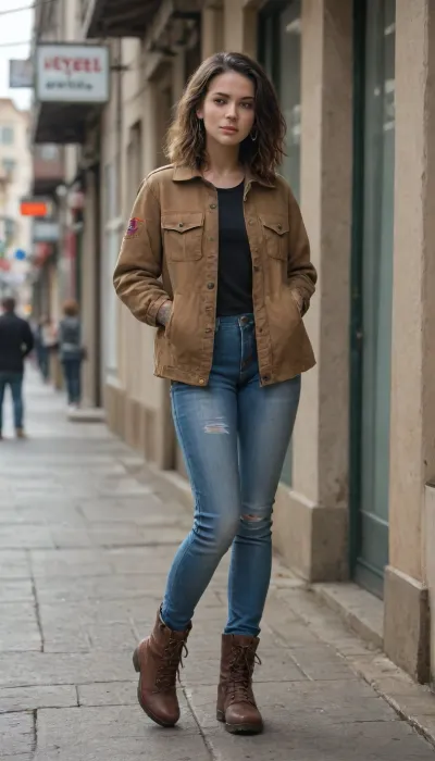 girl, full-length, on boots, denim jeans, jacket