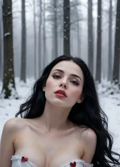 A fairytale image, closeup, Snow White lies on her back in the snow with her eyes closed, ((tight tiny breasts)), (fullbody), She has long black hair, She wears a long, smooth white dress. She is in a dark, gloomy, dense forest, (((It is foggy and snowing under the winter sun))), the trees casting vast, dark shadows. A fairytale scene, She has a very pretty coquettish faded face, heartshaped lips, lip gloss, aroused skin, darkness mood, detailed photo, photorealistic photo, realistic pretty women photo, realistic night vision parallax double exposure photo style, #KITTYART