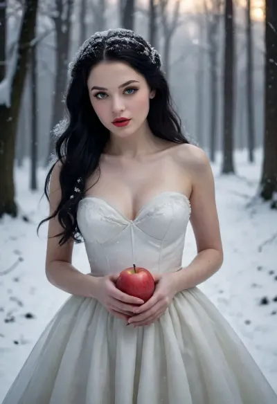 A fairytale image, closeup, Snow White lies on her back in the snow with her eyes closed, a apple, ((tight tiny breasts)), (fullbody), She has long black hair, She wears a long, smooth white dress. She is in a dark, gloomy, dense forest, (((It is foggy and snowing under the winter sun))), the trees casting vast, dark shadows. A fairytale scene, She has a very pretty coquettish faded face, heartshaped lips, lip gloss, aroused skin, darkness mood, detailed photo, photorealistic photo, realistic pretty women photo, realistic night vision parallax double exposure photo style, #KITTYART