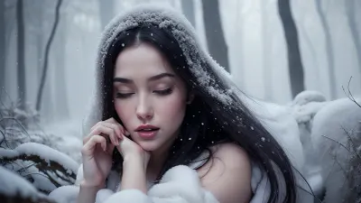 A fairytale image, closeup, Snow White lies in the snow with her eyes closed, (fullbody), a apple, She has long black hair, (She wears a long smooth white dress), She is in a dark gloomy dense forest, ((It is foggy and snowing under the winter sun)), the trees casting vast dark shadows. A fairytale scene, She has a very pretty coquettish faded face, heartshaped lips, lip gloss, aroused skin, perky small breasts, She exhales, cold breath in the air, darkness mood, detailed photo, photorealistic photo, realistic pretty women photo, realistic night vision soft focus parallax double exposure photo style, #KITTYART