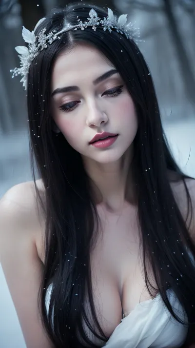 A fairytale image, closeup, Snow White lies in the snow with her eyes closed, (fullbody), a apple, She has long black hair, (She wears a long smooth white dress), She is in a dark gloomy dense forest, ((It is foggy and snowing under the winter sun)), the trees casting vast dark shadows. A fairytale scene, She has a very pretty coquettish faded face, heartshaped lips, lip gloss, aroused skin, perky small breasts, She exhales, cold breath in the air, darkness mood, detailed photo, photorealistic photo, realistic pretty women photo, realistic night vision soft focus parallax double exposure photo style, #KITTYART