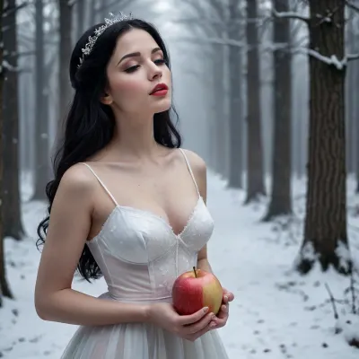 A fairytale image, closeup, Snow White lies in the snow with her eyes closed, (fullbody), a apple, She has long black hair, (She wears a long smooth white dress), She is in a dark gloomy dense forest, ((It is foggy and snowing under the winter sun)), the trees casting vast dark shadows. A fairytale scene, She has a very pretty coquettish faded face, heartshaped lips, lip gloss, aroused skin, perky small breasts, She exhales, cold breath in the air, darkness mood, detailed photo, photorealistic photo, realistic pretty women photo, realistic night vision soft focus parallax double exposure photo style, #KITTYART
