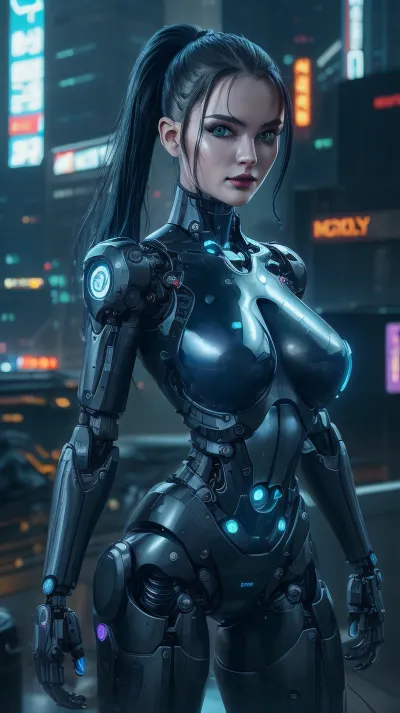 Cyberpunk Android woman made with mechanical parts, 2/3 body view, (large lips), cyborg ceramic body, robotic parts, cable electric wires, microchip, neon lights, ((black long messy hair)), ((glowing blue highlights)), (Undercut), ((evil Female cyborg pointing revolver at viewer)), evil grin, cyber body, (in background nigth cyberpunk Skyscraper roof), in background, rain, wet body, mechanic arms, mechanic legs, sassy face, pretty face, ((one long breast out)), ((detailed face and eyes)), ((mechanical chubby arms)), ((perfect metal mechanical prosthetic fingers)), ((beautiful robot hands and wrists)), ((detailed fingers)), high level of detail, very realistic, Ultra detailed, Extreme realism, maximum detail, real shadow, best quality