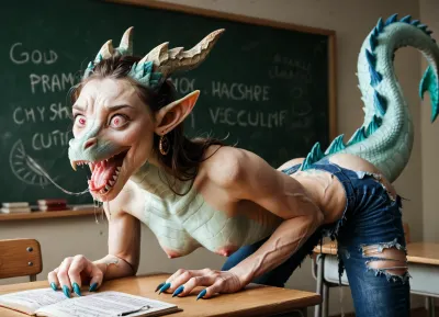 4k photo, masterpiece, good lighting, photorealistic, (in a classroom), (a scared nude, ((vascular veiny body), (detailed cursed bulging veins texture), (skinny pale woman))), (dragon curse:1.2), (dragon eyes), (realistic dragon fangs:1.13), 1, with claws, dragon eyes, pointed ears, (very torn clothes), (drooling saliva:1.2), (slender dragon tail tearing through her pants), (dripping pussy), <lora:SG2:.8>, from, behind, anthro, feral, <lora:SDXL_Human_Male_Furry_Female:.8>