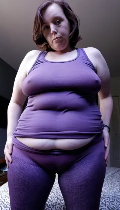 Very Obese ssbbw, 48yo pale brunette milf, realistic detailed skin, large very saggy breast, dark purple tight tank top, leggings, ultimate realism, highly detailed, high quality, braless, Wearing, clothes, that, make, sense, with, Braless>, <lora:220437_training_data:1.4>, <lora:bralessSDXL_v1_00022:1.6>