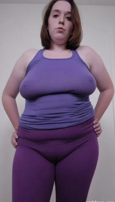 Very Obese ssbbw, 48yo pale brunette milf, realistic detailed skin, large very saggy breast, dark purple tight tank top, leggings, ultimate realism, highly detailed, high quality, braless, Wearing, clothes, that, make, sense, with, Braless>, <lora:220437_training_data:1.4>, <lora:bralessSDXL_v1_00022:1.6>