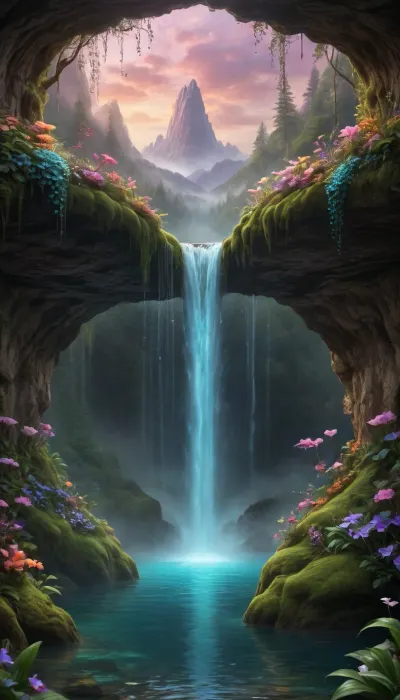 A wild river carves through a fantastical utopian landscape, its turquoise waters glowing faintly with bioluminescent algae as it plunges over moss-covered cliffs into misty waterfalls. Towering trees with translucent amber bark and iridescent leaves form a lush canopy, while fields of luminescent flowers in violet, coral, and gold ripple in the breeze. The air shimmers with floating pollen-dust and tiny winged creatures resembling dragonflies with stained-glass wings. Jagged crystal spires rise in the distance, half-hidden by cascading vines and glowing fungi clinging to their bases. The sky is a kaleidoscope of soft auroras blending into peach-hued clouds, casting warm light on ancient stone bridges draped in ivy and orchids. No signs of technology—only harmonious coexistence of magic and nature, with waterfalls feeding crystal-clear pools teeming with fish that flicker like living gems. Style, ethereal fantasy realism with hyper-detailed textures, (water droplets, leaf veins, crystal facets), and a vibrant palette of jewel tones against earthy greens and golds.