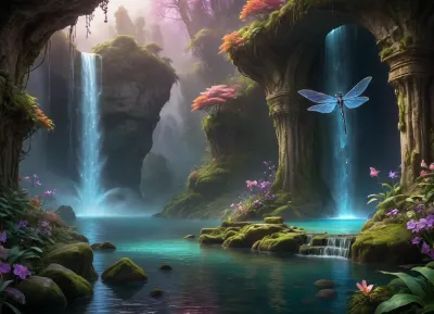 A wild river carves through a fantastical utopian landscape, its turquoise waters glowing faintly with bioluminescent algae as it plunges over moss-covered cliffs into misty waterfalls. Towering trees with translucent amber bark and iridescent leaves form a lush canopy, while fields of luminescent flowers in violet, coral, and gold ripple in the breeze. The air shimmers with floating pollen-dust and tiny winged creatures resembling dragonflies with stained-glass wings. Jagged crystal spires rise in the distance, half-hidden by cascading vines and glowing fungi clinging to their bases. The sky is a kaleidoscope of soft auroras blending into peach-hued clouds, casting warm light on ancient stone bridges draped in ivy and orchids. No signs of technology—only harmonious coexistence of magic and nature, with waterfalls feeding crystal-clear pools teeming with fish that flicker like living gems. Style, ethereal fantasy realism with hyper-detailed textures, (water droplets, leaf veins, crystal facets), and a vibrant palette of jewel tones against earthy greens and golds.
