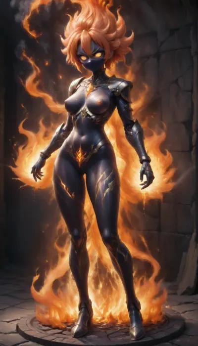 Acrylic and chalk highly detailed digital painting full length profile view of a fierce fantasy warrior woman with flowing, fiery red and orange hair that swirls like flames. She wears an intricately detailed black and flame-patterned armored bodysuit that blends seamlessly with her surroundings. Her face is partially covered by a black mask, revealing intense eyes and a confident gaze. She holds an ornate, flame-etched katana with both hands, its blade appearing to ignite with swirling fire. The background features a dramatic black marble wall with glowing orange veins, enhancing the intense, molten aesthetic., titcup, <lora:titcupv2_SDXL:.2>, #largeboobs #bigsexytits