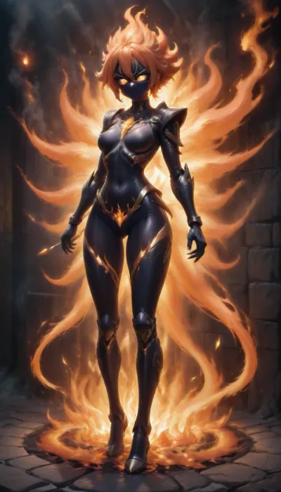 Acrylic and chalk highly detailed digital painting full length profile view of a fierce fantasy warrior woman with flowing, fiery red and orange hair that swirls like flames. She wears an intricately detailed black and flame-patterned armored bodysuit that blends seamlessly with her surroundings. Her face is partially covered by a black mask, revealing intense eyes and a confident gaze. She holds an ornate, flame-etched katana with both hands, its blade appearing to ignite with swirling fire. The background features a dramatic black marble wall with glowing orange veins, enhancing the intense, molten aesthetic., titcup, <lora:titcupv2_SDXL:.2>