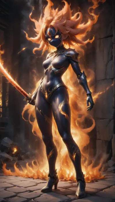 Acrylic and chalk highly detailed digital painting full length profile view of a fierce fantasy warrior woman with flowing, fiery red and orange hair that swirls like flames. She wears an intricately detailed black and flame-patterned armored bodysuit that blends seamlessly with her surroundings. Her face is partially covered by a black mask, revealing intense eyes and a confident gaze. She holds an ornate, flame-etched katana with both hands, its blade appearing to ignite with swirling fire. The background features a dramatic black marble wall with glowing orange veins, enhancing the intense, molten aesthetic., titcup, <lora:titcupv2_SDXL:.2>, #largeperfecttits