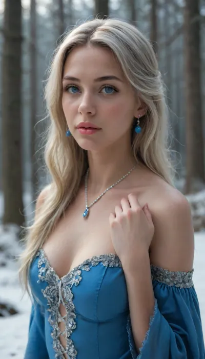 A girl in the image of the Snow Maiden, in a kokoshnik embroidered with pearls and silver, with blue eyes and delicate skin, standing against the background of a winter forest. Magic light, sparkling hoarfrost, soft diffused lighting, the atmosphere of a Russian folk tale. Colors, snow white, ice blue, silver