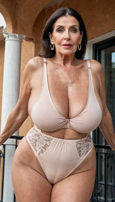 old granny mature, sexy 78 years old granny, dark brunette hair, medium hair, glamour, big hoop earrings, necklace, big eyes, wide shoulders, curvy, huge culottes, big culottes, very tall, looking at the camera, sexy orgasm face, very hot and horny, seduction horny, very super extreme high waisted bright lingerie, very high waisted sexy lingerie, saggy boobs, at the balcony, super extreme high waist underpants lingerie, big gap, thick labia, ((deep huge cameltoe)), SaggySlimXL, uhang, yhang, <lora:updated_saggy_slim:.8>, <lora:278488_training_data:.8>