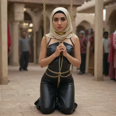 a young blonde woman with leather hijab, leather pants, leather corset, anxious, messy harem, arabic market, slave, collar, golden collar, slave market, bdsm, hanging shibari, hanging in the air, dumb face, blonde hanging on leather straps, strict muslim hijab, shiny hijab, shiny leather, golden chains shibari hanging, praying position