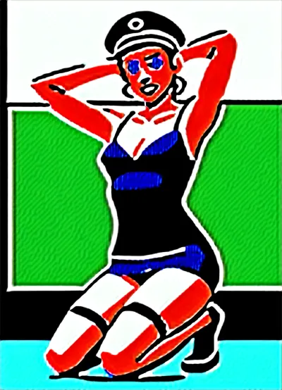 vintage 1950s setting, young female train conductor, early 20s, brunette hair pinned up in a classic 50s hairstyle, light blue eyes, pasty white skin, short black dress uniform with cap, train station platform background, hot and sweaty face, dirty forehead, smudged makeup, curly hair slightly undone and messy, damp armpits and sides, cleavage, low-cut dress showing ample bosom, black stockings, black heels, confident smirk, sultry gaze, dark circles under eyes, tired but still alluring, high-definition, ultra-realistic, dramatic lighting, 4k resolution, soft focus background, shallow depth of field., (((very detailed face))), . Provocative pose, teasing, smiling with teeth.