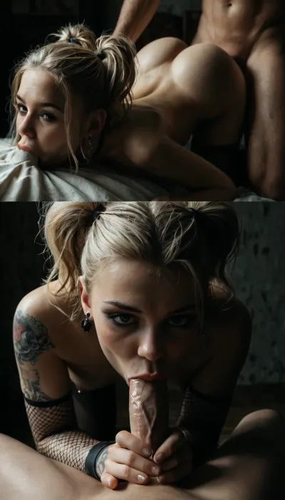 masterpiece, award winning photo, very detailed eyes, skin, face. Sexy 19 year old woman, blonde hair, short pigtails hair, small breasts, goth makeup, tattooed body, dark blue lipstick, fishnet outfit, visible nipples, chocker, stockings, average beautiful cock, medium penis, sucking deep, down the throat, a little confused face, petite butt visible, nipple piercings, overexposed, baddie, gently holding penis in hand, close up full body and ass, doggystyle, sitting with ass up, ass up, lying on stomach, hand on her body, deepthroat, dick is deep in throat, on all fourth, full body view, gently sucking penis, small amount of cum on cock, <lora:MJ52:.5>, <lora:add-detail-xl:1.3>, <lora:dark:.4>