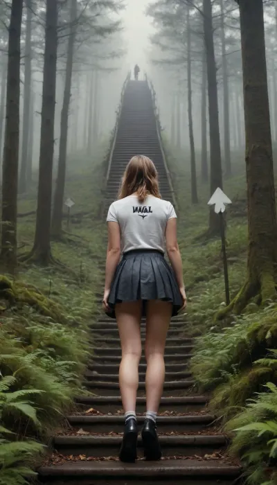 epic painting, girl in a short skirt standing at parting ways, signs in two directions, leftarrow reading "Anal Rape", right arrow reading "Virginity", on the left a dark forest with monsters with big dicks, on the right a stairway to heaven and angels with big tits