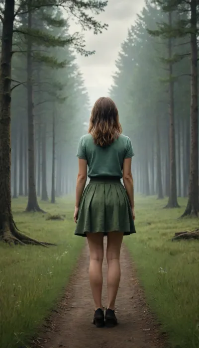 epic painting, girl in a short skirt standing at parting ways, (two parting ways:1.2), (forking ways), (dark forest on the left and green meadows on the right)