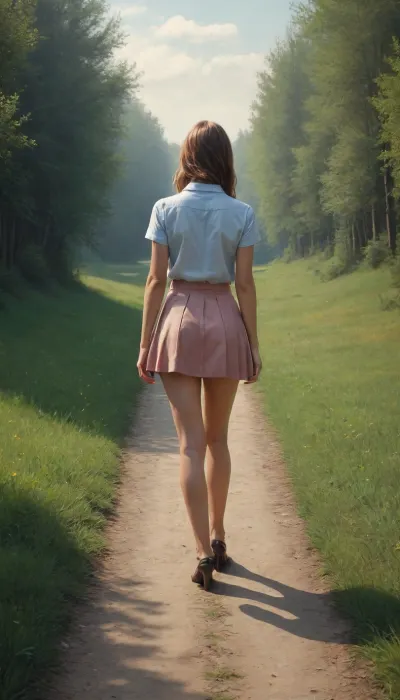 epic painting, girl in a short skirt standing at parting ways, (two parting ways:1.2), (two forking paths), (path to left and path to right), (two paths:1.2), (decision), (deviating paths), (parting ways), (fork)