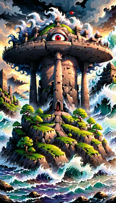 Jet black stone tablet, sleek shiny black stone monolith, tall stone monolith, on small Rocky island, in middle of ocean with white caped waves, stormy waves, eldrich, cyclopean, ancient, mysterious