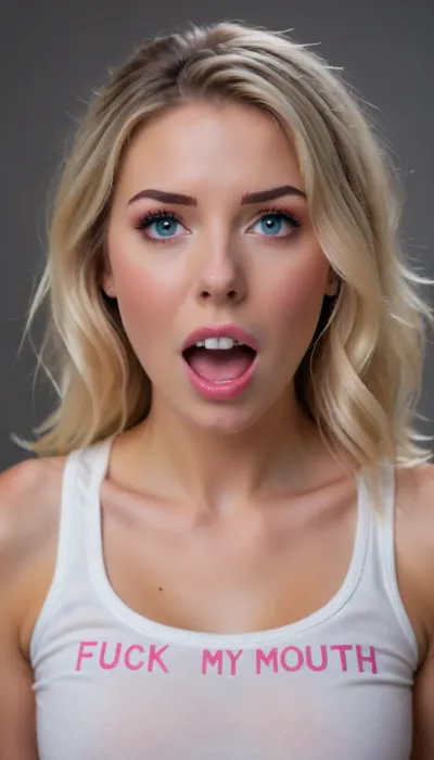 Close up, ((21yo model on her knees)), euro WOMAN, woman blonde hair, mouth open, face, big load OF CUM on face, deep perspective, ((skinny face)), ((long messy after sex hair frames her face)), tousled hair, tits showing, blue eyes, skinny, perfect body, perfect breasts, pov, looking up at viewer, eye contact, (detailed face:1.3), ((wearing a white t-shirt with the words " FUCK MY MOUTH " in pink writing on front)), long sleeves, black skirt, surprised, messy updo, showing pussy, woman, facial, cum, on, breasts, stomach, covered, in, perfect, logo, text, sign, that, says, the, word, <lora:texta:2>