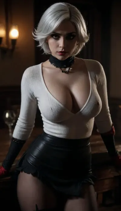 score _9_up, UHD 8K, Big breasts, arlecchino_\, (genshin_impact\), white hair, Mascara running, ((Red and orange glowing pupils)), black_gloves, extreme realism, maximum detail, slim figure, detailed skin, real lighting, ultra high details, super waist, perfect anatomic body, smile, seductive Look, girl in a beautiful restaurant, she is wearing a black tight skirt, black seamless pantyhose, white tight sweater, hairy pussy, detailed eyes, spread legs, <lora:580159_training_data:.6>, <lora:dark:.5>, <lora:arlecchino_new:.5>