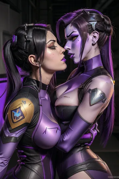 2 girls, ((Widowmaker from overwatch)), evil villainess, lesbian, (((purple skin color))), widowmaker bodysuit, mercy from overwatch, they are kissing and fingering