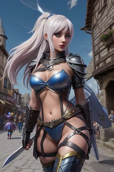 League of legends style, knight girl, medieval castle town center, getting raped by bandits who attacked the castle