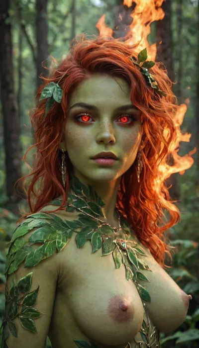 nude girl in her twenties, Sylvari, (((deep green skin))), intricate leaf pattern, ((burning red eyes)), ((flames in eyes)), (leaves for hair), shamanic clothes, wild, firece expression, dense magical forest, photograph, Leaves_Fantasy, <lora:1431512_training_data:.8>