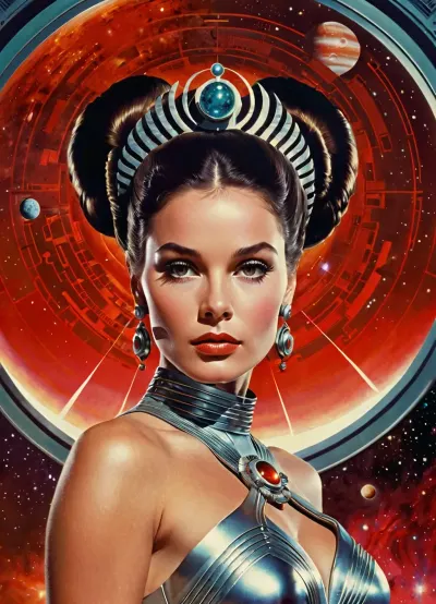 A vintrage sci-fi movie poster. In the poster is illustrated in the style of a 1970s sci-fi movie poster — bold colours, dramatic lighting, vintage textures, and retro-futuristic design. The poster depicts a beautiful female sci-fi princess with a complex updo hairstyle, an ornate silver and red dress, and a cosmic background. She is breaking out of the poster, and is leaning forward from the poster into the real world. Her body transitions from stylized illustration to photorealism — the part still inside the poster remains in the 1970s retro style, while the part emerging into reality is rendered in vivid photorealistic detail.