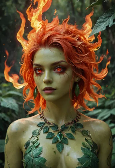 nude girl in her twenties, Sylvari, (((deep green skin))), intricate leaf pattern, ((burning red eyes)), ((fire elemental eyes)), (leaves for hair), shamanic clothes, wild, firece expression, dense magical forest, photograph, Leaves_Fantasy, Infernal, style, <lora:1431512_training_data:.9>, <lora:InfernalStyleXL-000006:.5>