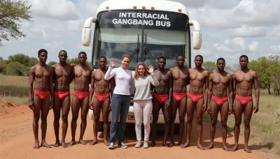 Two 19 year old female western tourists, joggingpants, sweater, waving their hands in front of a coach in a African landscape smiling. Besides them stand ten muscular black men, red loinclothes. The inscription on the bus above their heads is text "INTERRACIAL GANGBANG BUS".