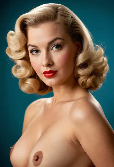 pin-ip girl, pin-ip pose, early 1950s beauty standards, (1950s vintage pin-up style:1.3), Playboy playmate, Playmate of the Month, PMOM, (fully nude:1.3), poses for camera, (realistic hair, realistic face, realistic anatomy, realistic pose), (photorealistic, best lighting, best shadows, intricate detail), (full-length image:1.3), simple flat black background